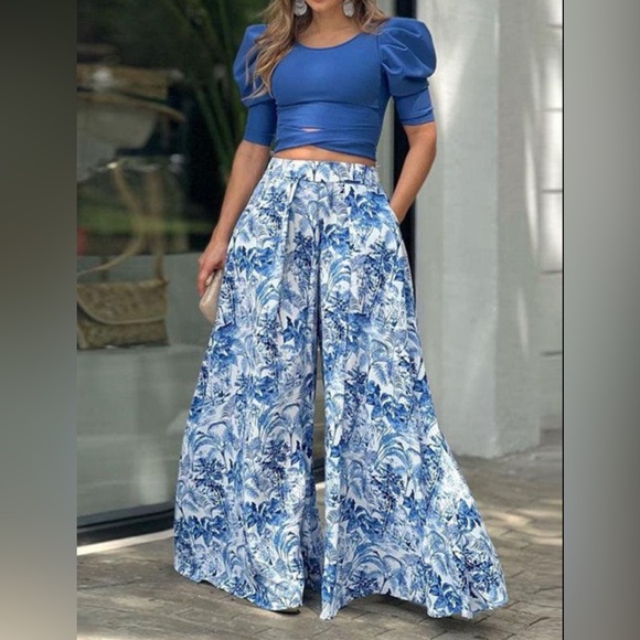 Dresses & Skirts - Puff Sleeve Cropped Top Loose Trousers Two-Piece Set